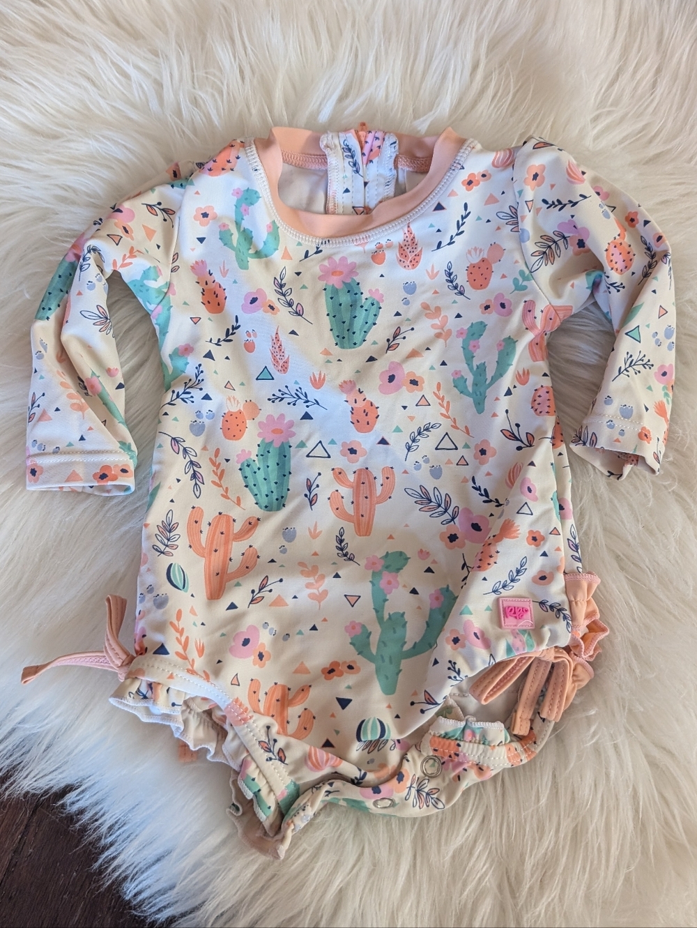 Ruffle Butts Peach & Mint Cactus Print Long Sleeve Swimsuit Rash Guard 3-6 Month